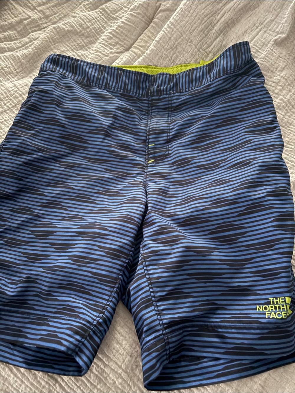 The North Face Blue & Navy Striped Swim Trunks with Neon Accent